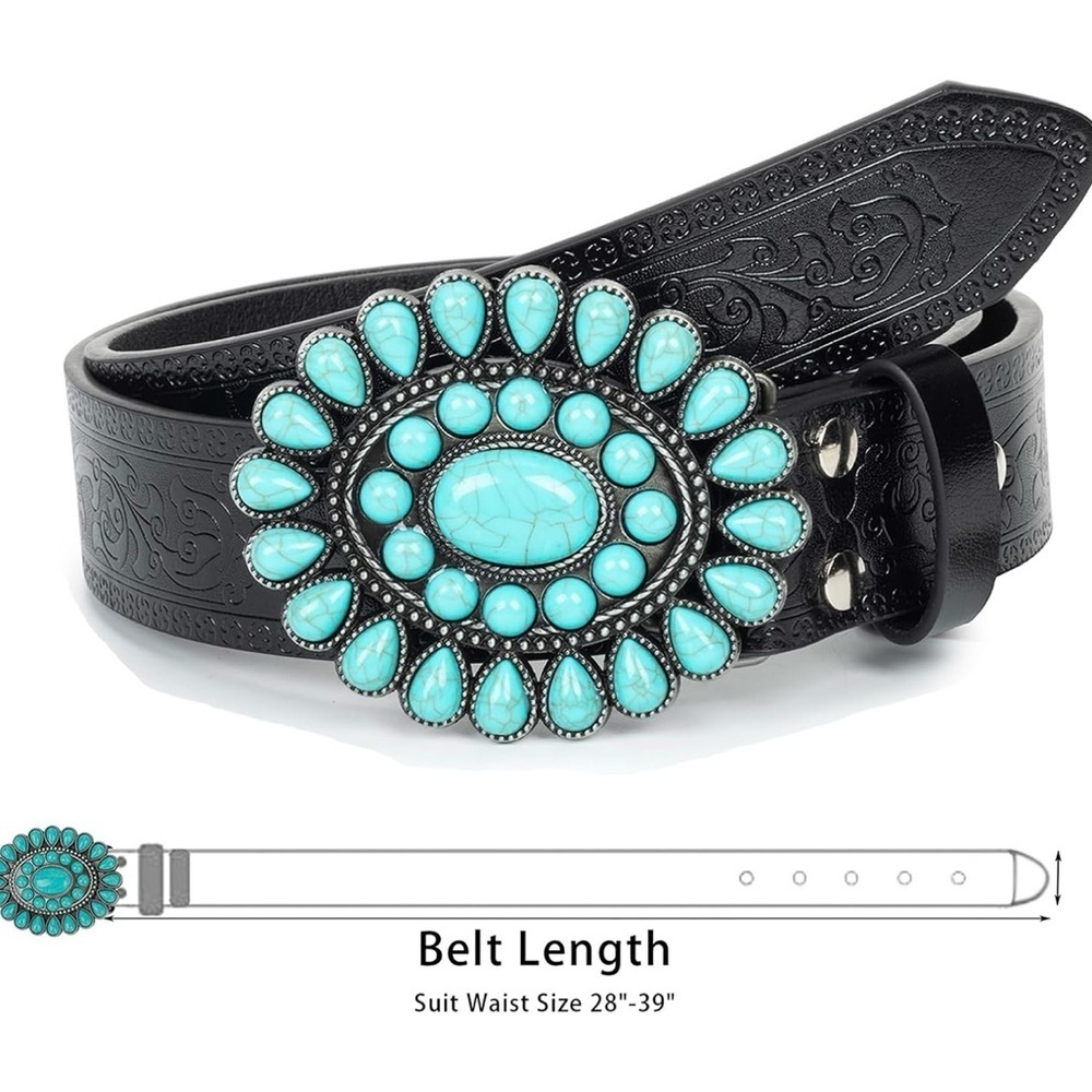 Black and Blue Belt with Turquoise Concho Buckle - Picture 6 of 6